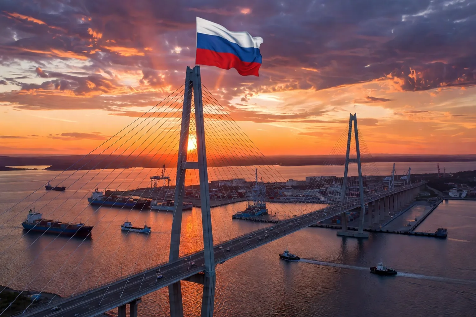 Pont Zolotoy haubane traversant la baie d Or a Vladivostok au coucher du soleil