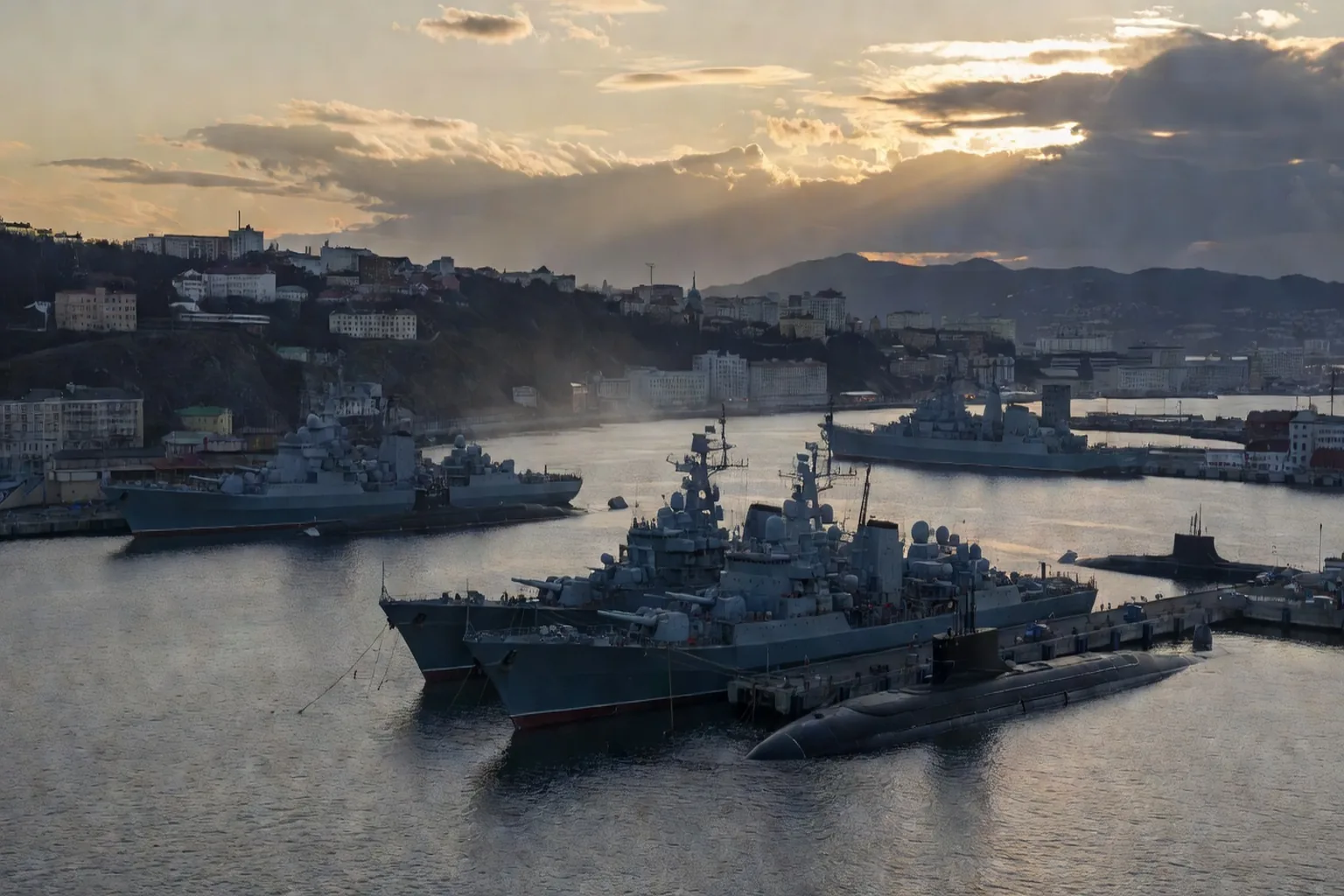Vue panoramique sur le port militaire et la flotte russe du Pacifique a Vladivostok