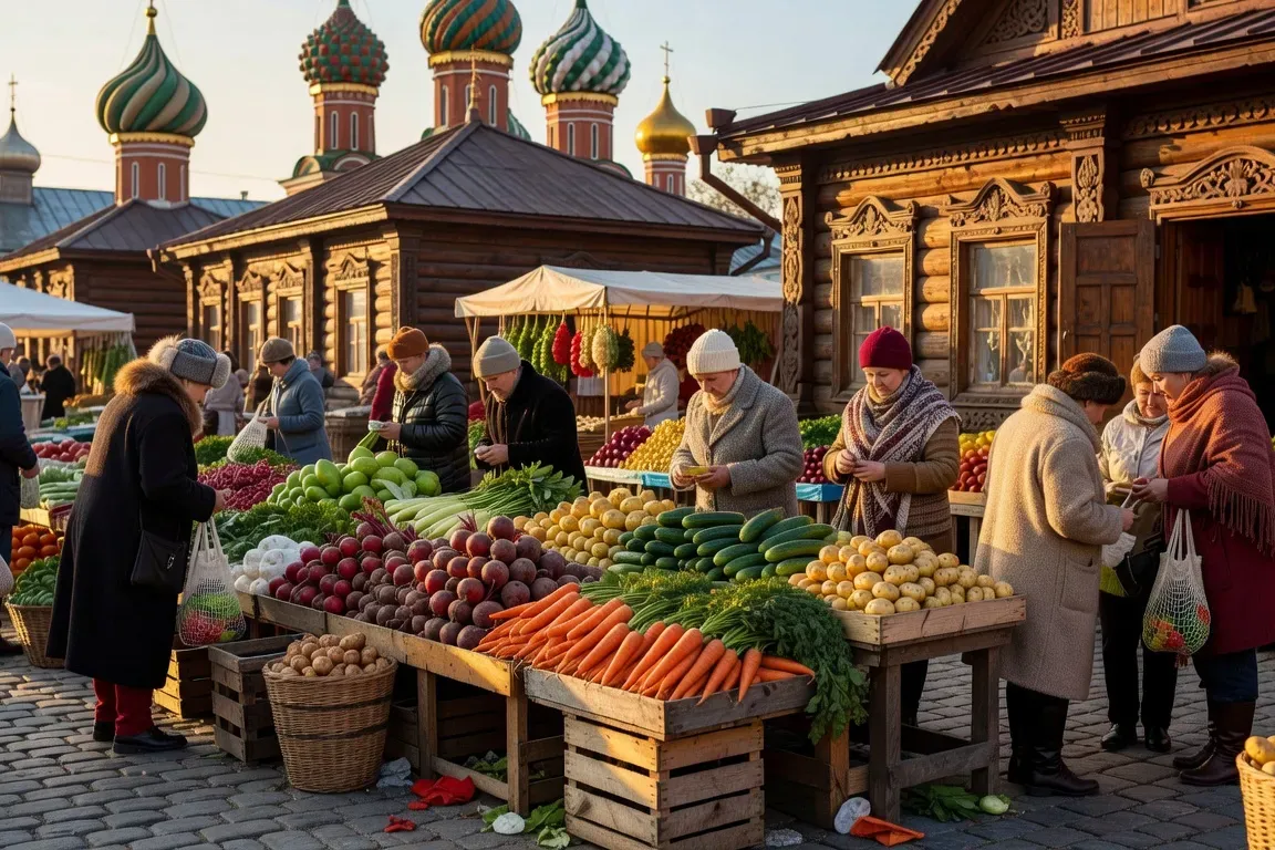 Marché de rue russe avec étals de légumes, pirozhki et habitants locaux, ambiance colorée et vivante