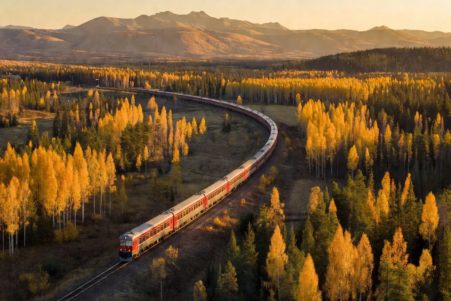 Train Transsiberien traversant la taiga siberienne en automne
