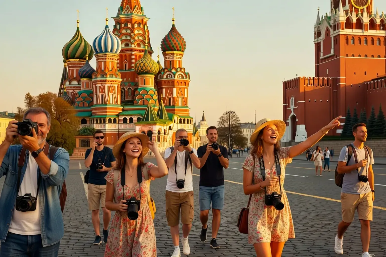 Vue de la Place Rouge a Moscou au coucher du soleil avec touristes