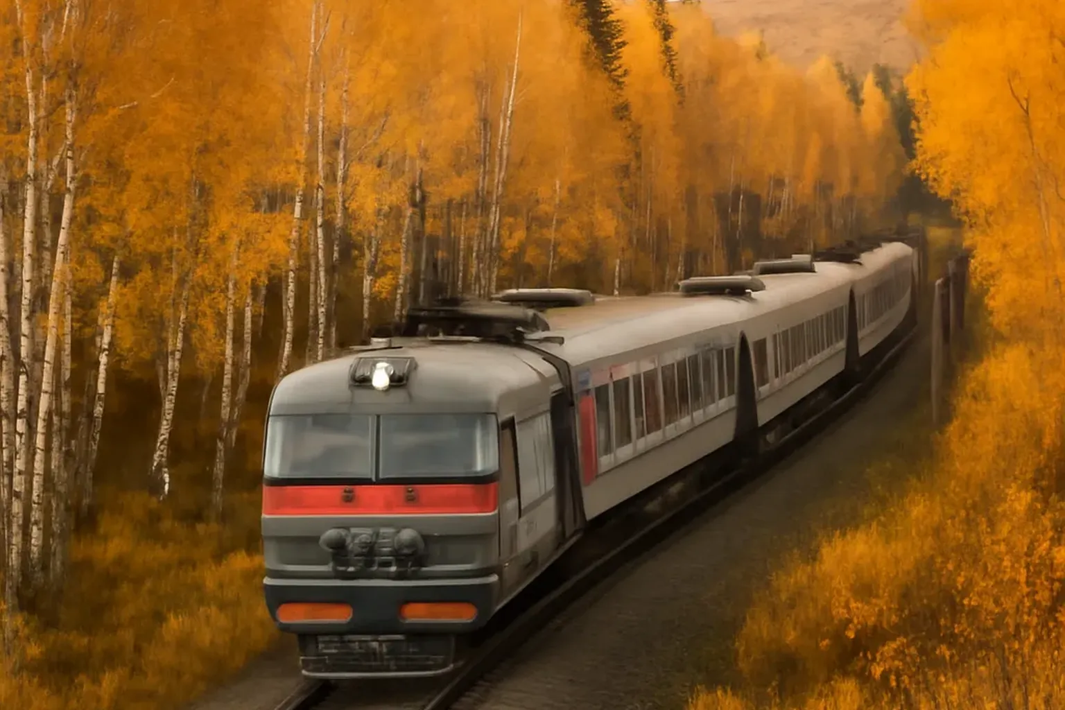 Train du Transsiberien traversant la taiga siberienne en automne
