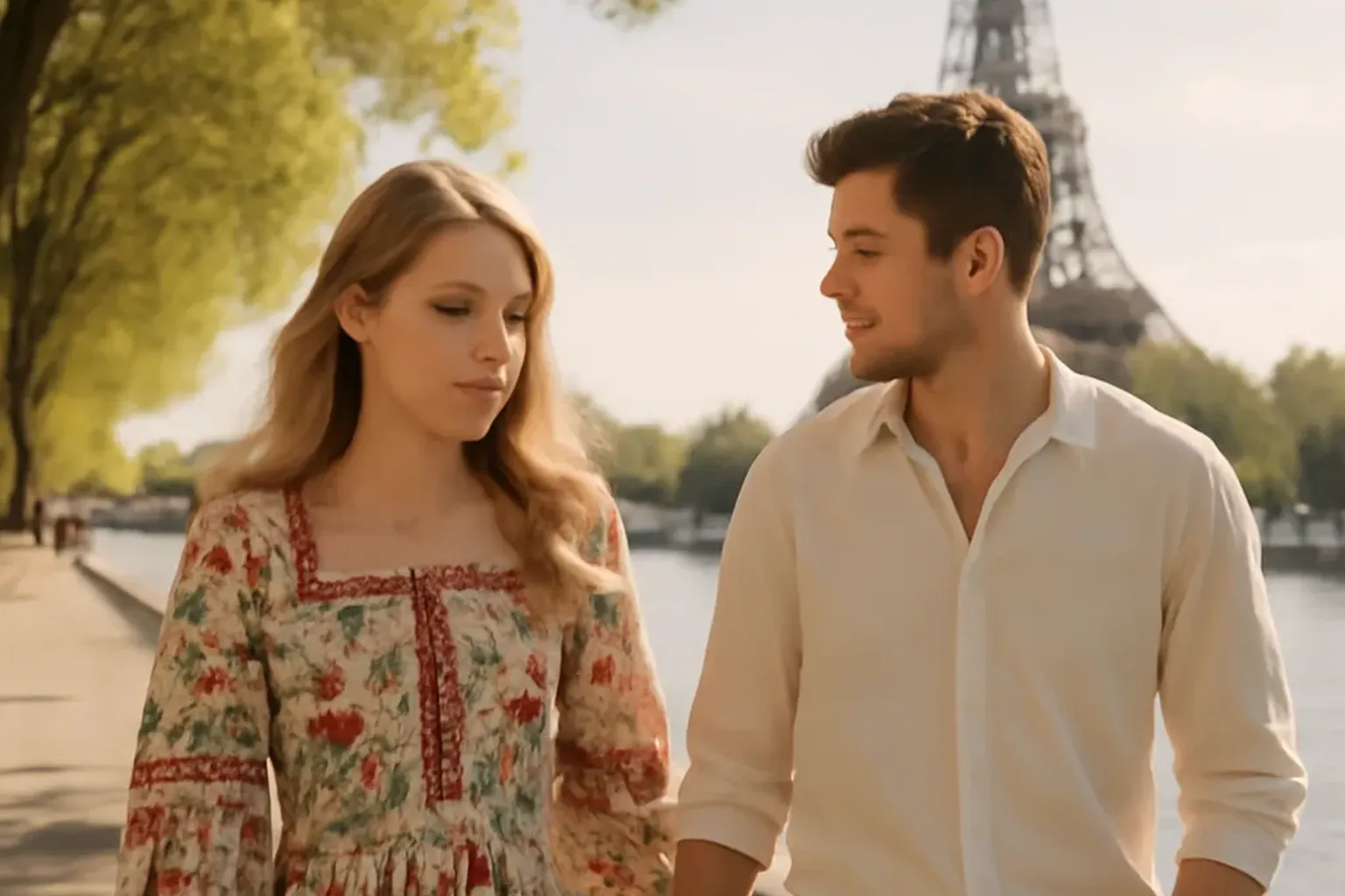 Couple mixte russo-occidental se tenant la main pres d un parc parisien en ete