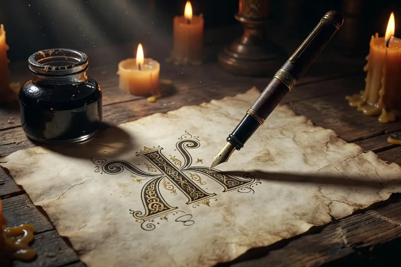 Plume calligraphique ecrivant les lettres cyrilliques sur un parchemin ancien