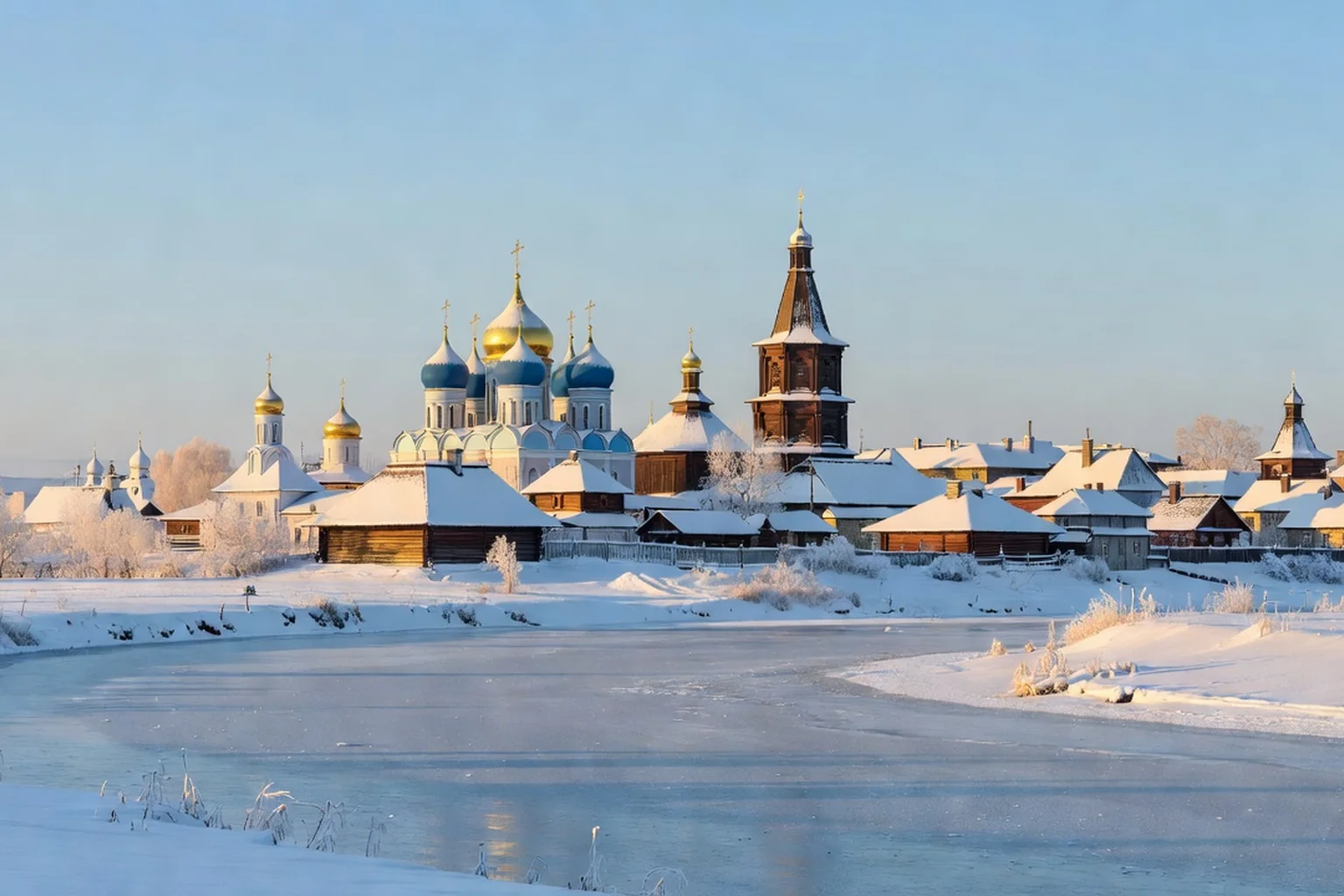 Anneau d'or russe : Souzdal en hiver, dômes dorés et bleus des églises orthodoxes