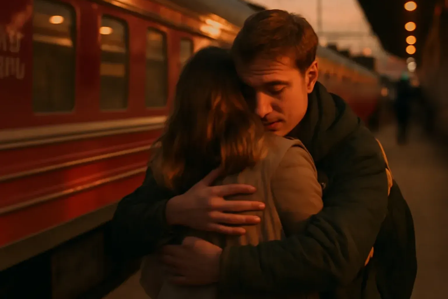 Scene d adieu sur un quai de gare en Russie, train en arriere-plan