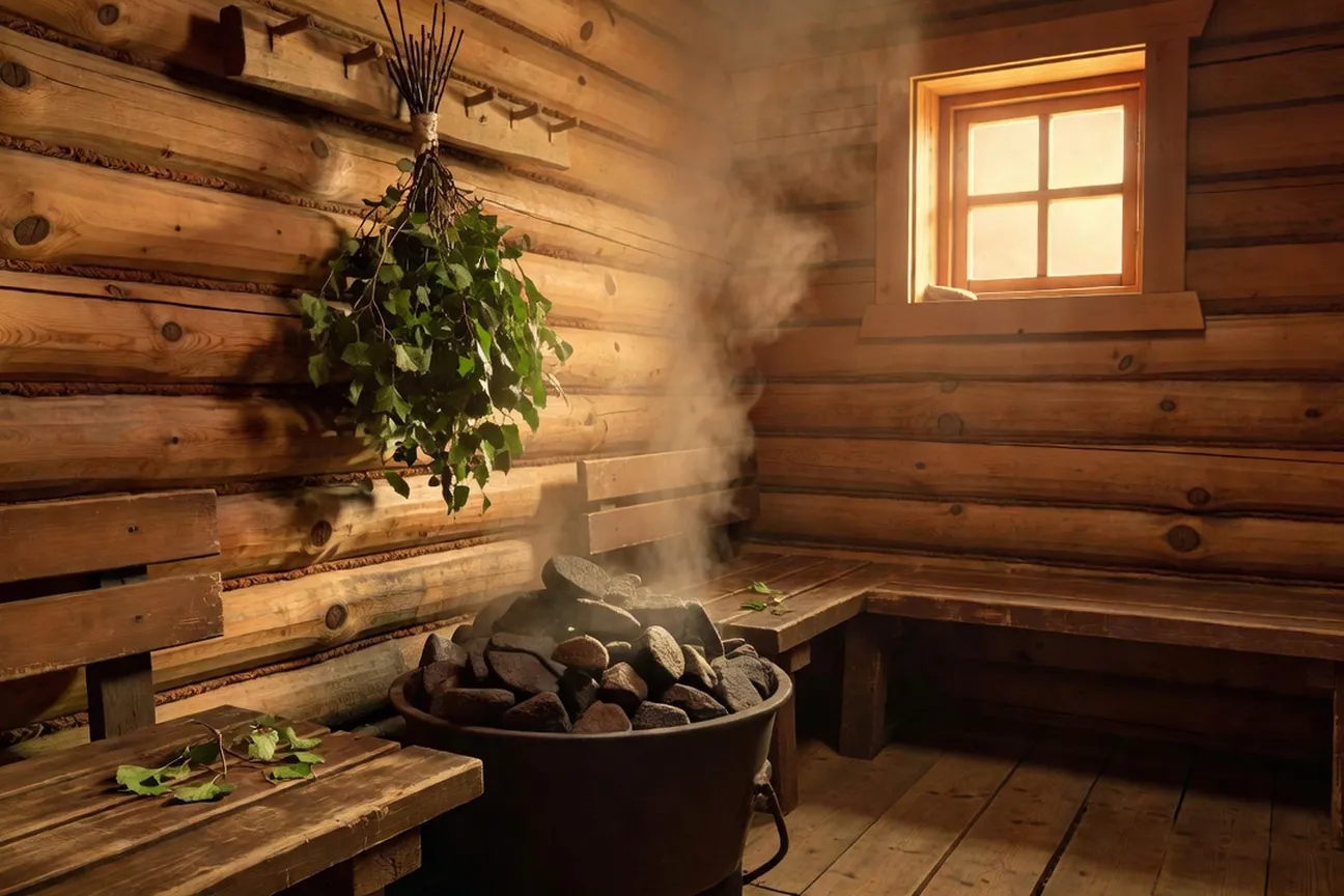 Intérieur traditionnel d'un banya russe en bois avec vapeur et pierres chauffées