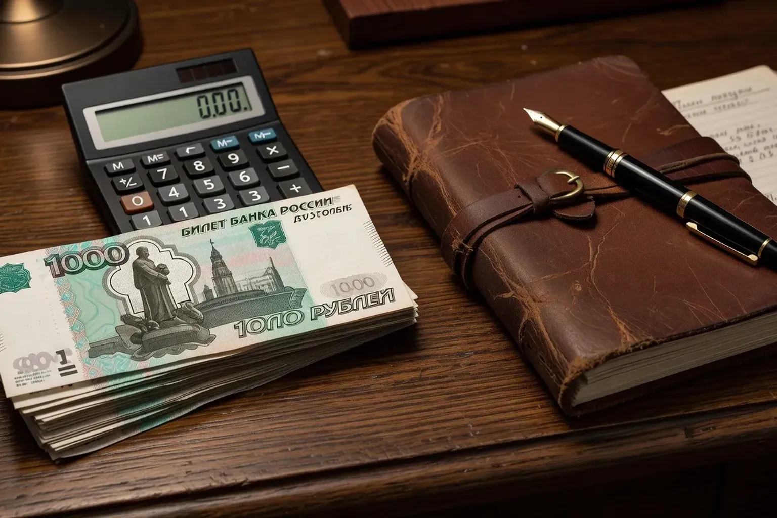 Billets de banque roubles russes avec calculatrice et carnet de voyage