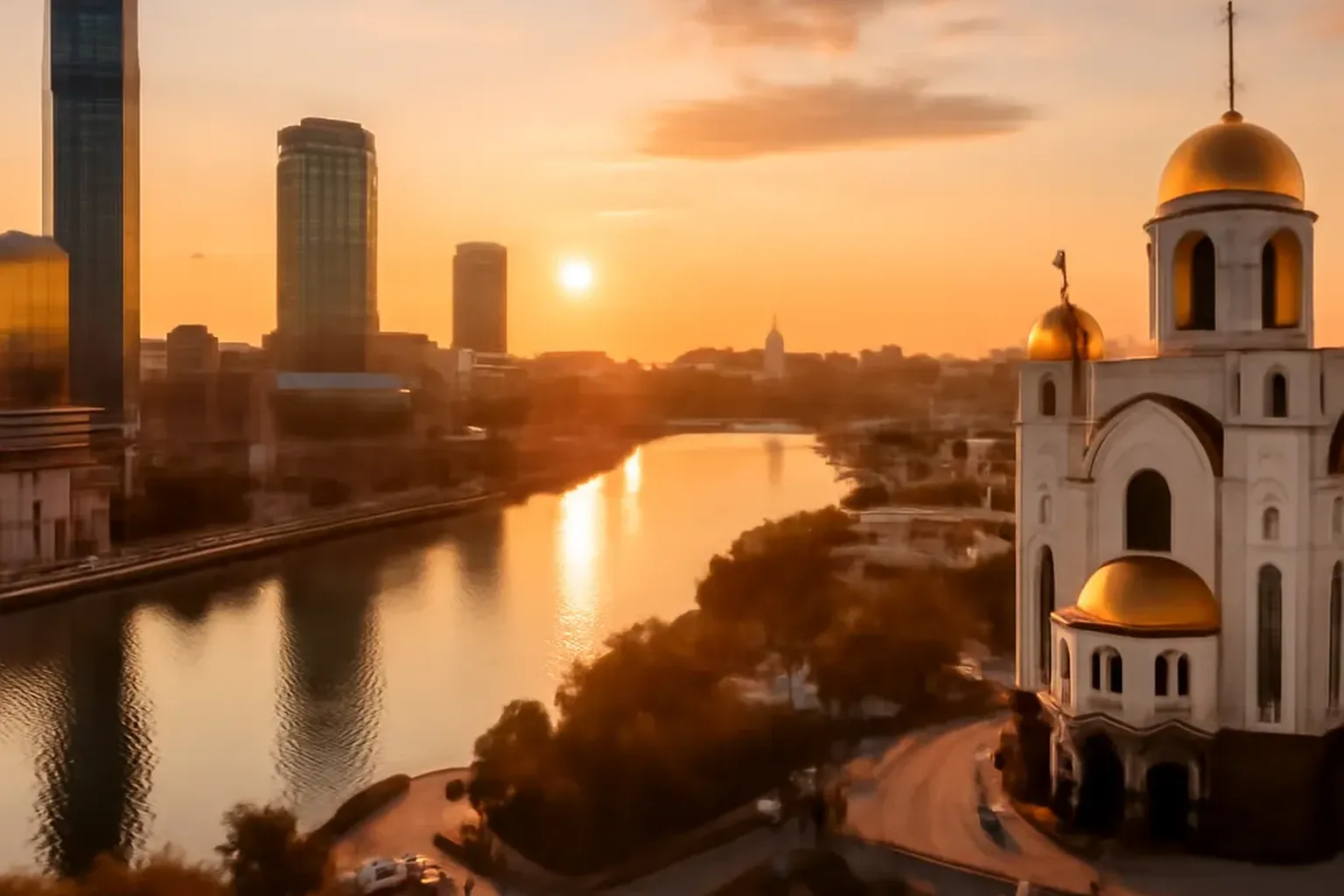 Panorama d Ekaterinbourg au coucher du soleil, gratte-ciels modernes et eglise orthodoxe