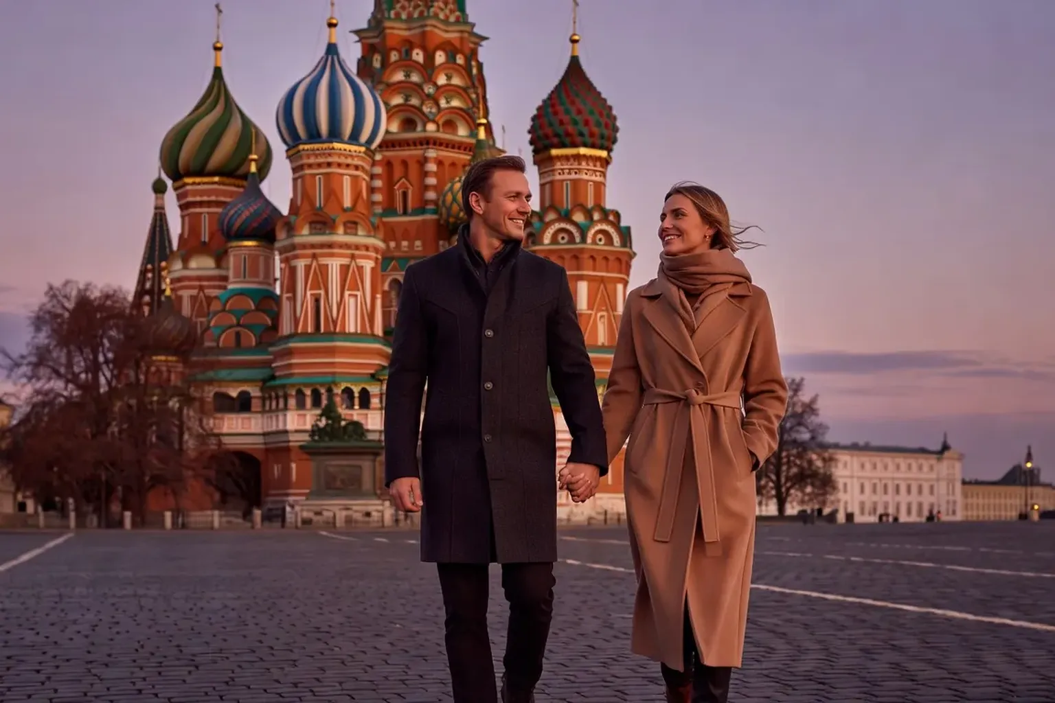Couple russe devant la cathedrale Saint-Basile de Moscou au crepuscule