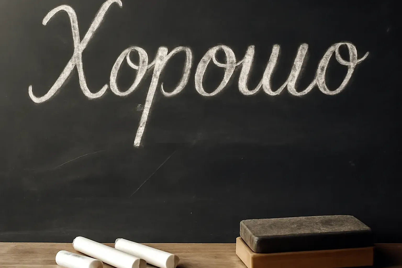 Mot russe horocho ecrit en cyrillique sur un tableau de cours, ambiance chaleureuse