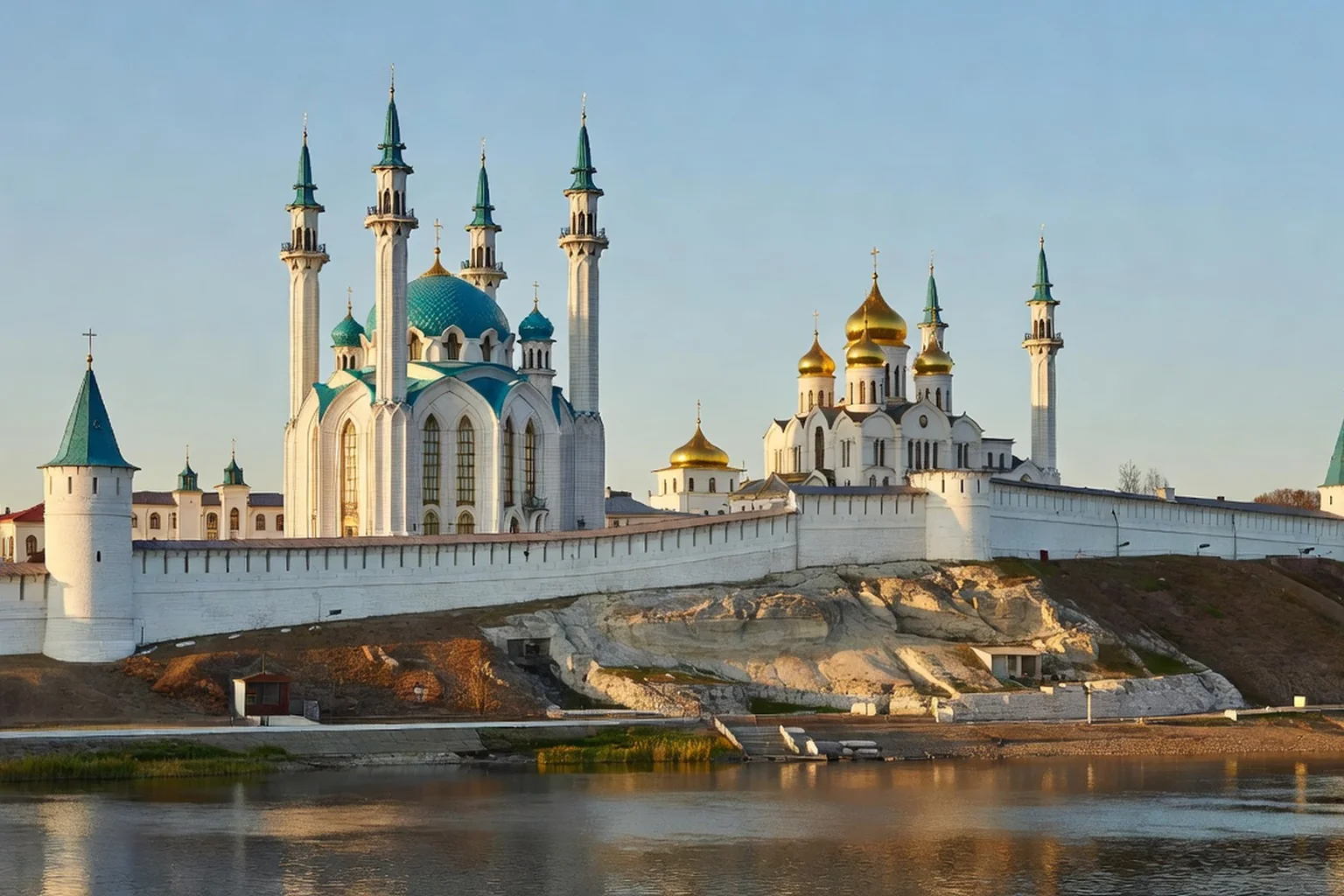 Kazan, capitale du Tatarstan : le kremlin blanc, la mosquée Kul Sharif aux dômes bleus et la cathédrale de l'Annonciation aux dômes dorés