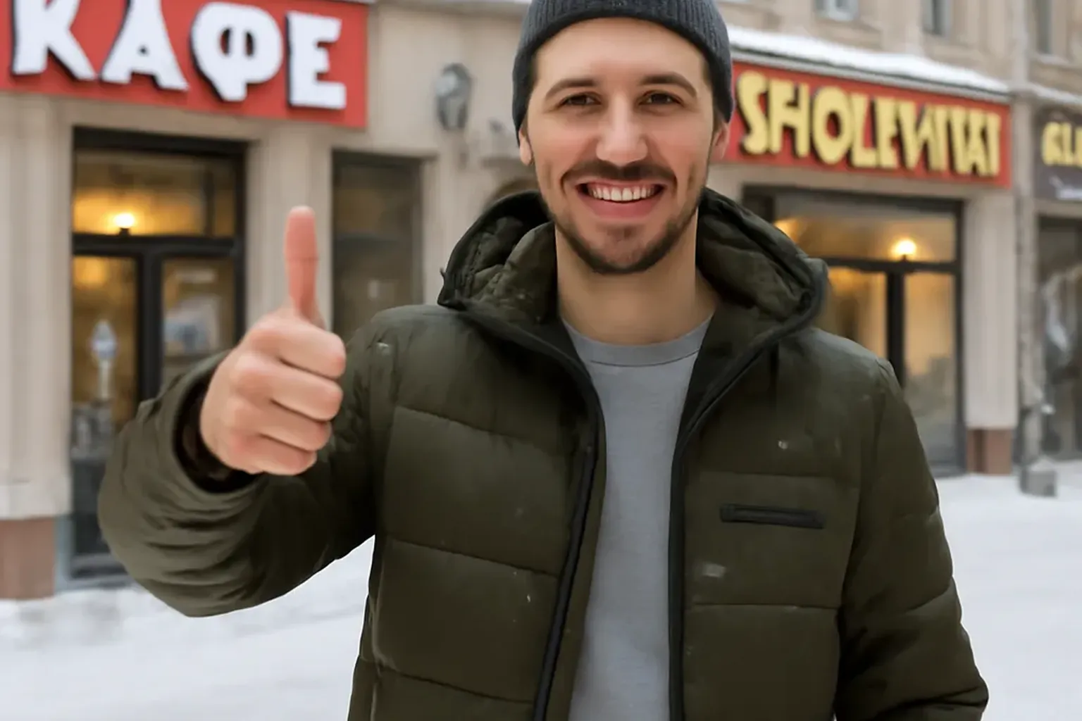 Pouces leves en signe d approbation avec arriere-plan de ville russe