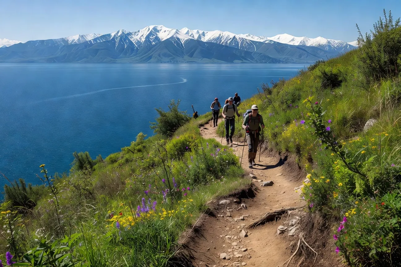 Randonneurs sur le sentier du Grand Baïkal en été avec vue sur le lac