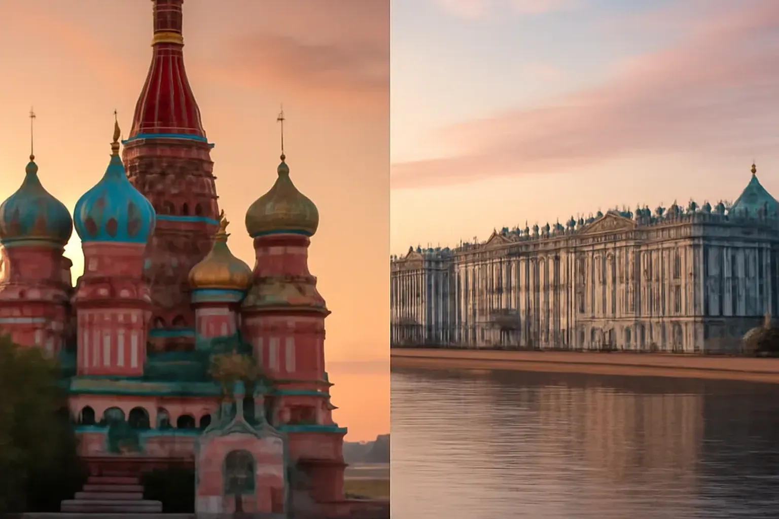 Cathedrale Saint-Basile de Moscou et palais de l Hermitage de Saint-Petersbourg en diptyque