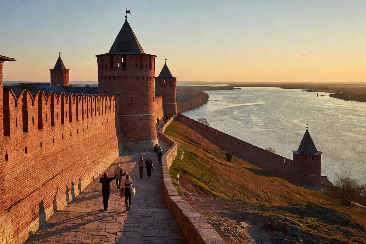 Nijni Novgorod : touristes sur les remparts du kremlin en briques rouges dominant le confluent de l'Oka et de la Volga