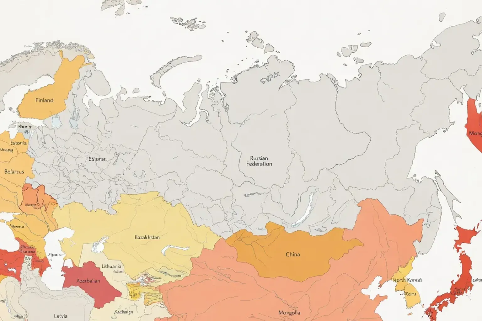 Carte de la Russie avec ses 14 pays frontaliers mis en evidence, style atlas moderne