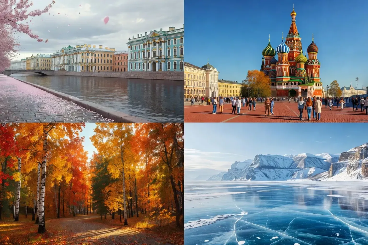Montage des quatre saisons en Russie : Place Rouge au printemps, ete, automne et hiver