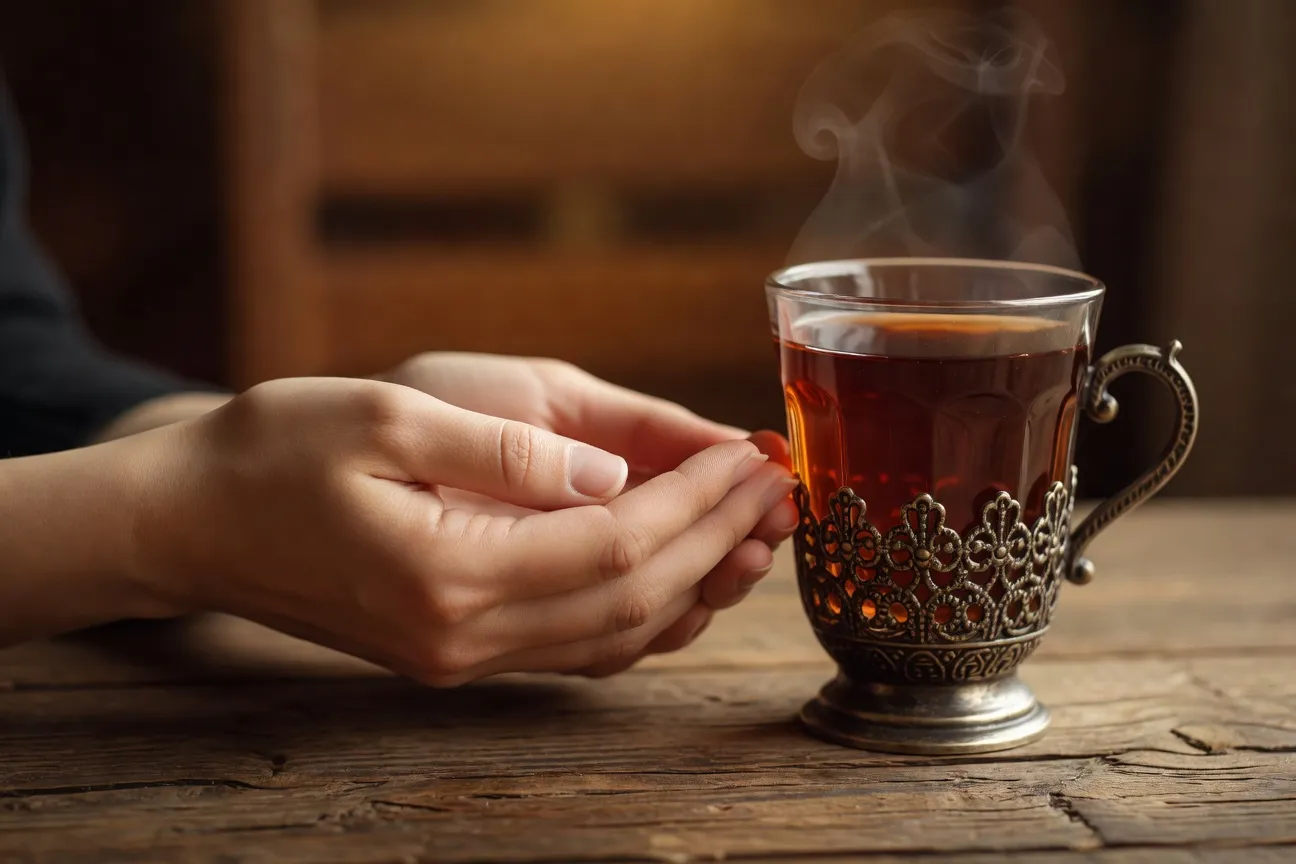 Mains jointes en signe de remerciement devant un the russe et un pain traditionnel