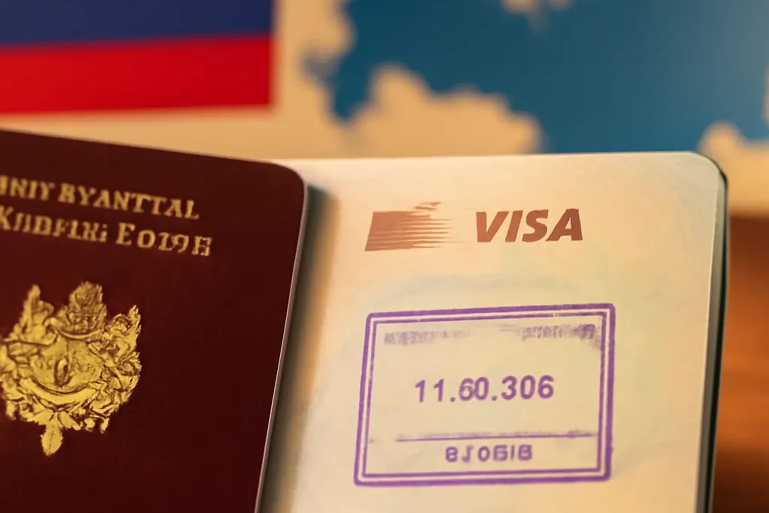 Passeport francais avec visa russe agrafe et carte de la Russie en arriere-plan