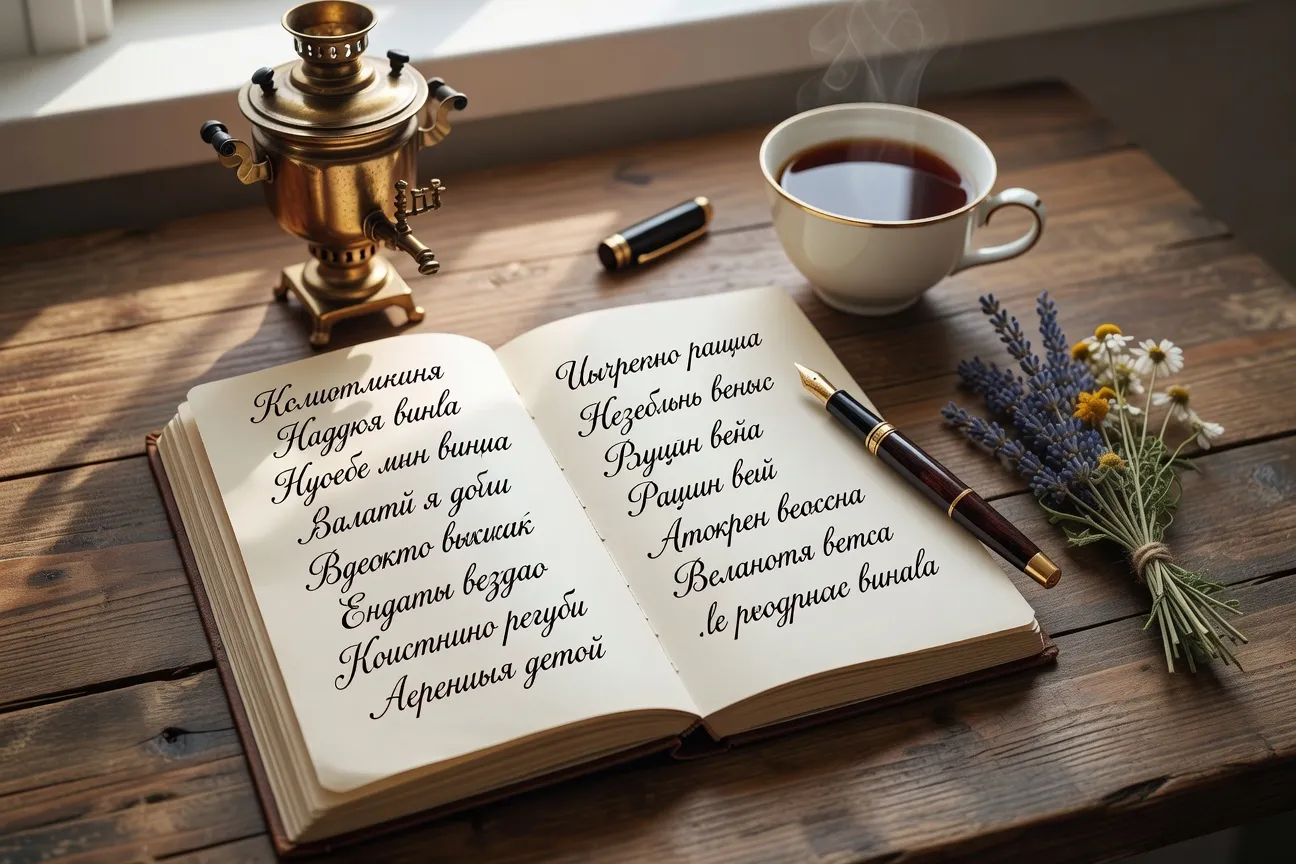 Carnet ouvert avec mots russes en cyrillique et en francais, the russe et samovar