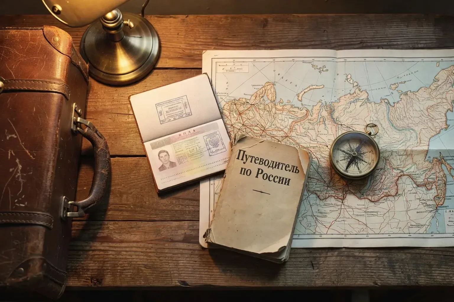 Valise et passeport russe sur une table avec carte de la Russie et guide de voyage