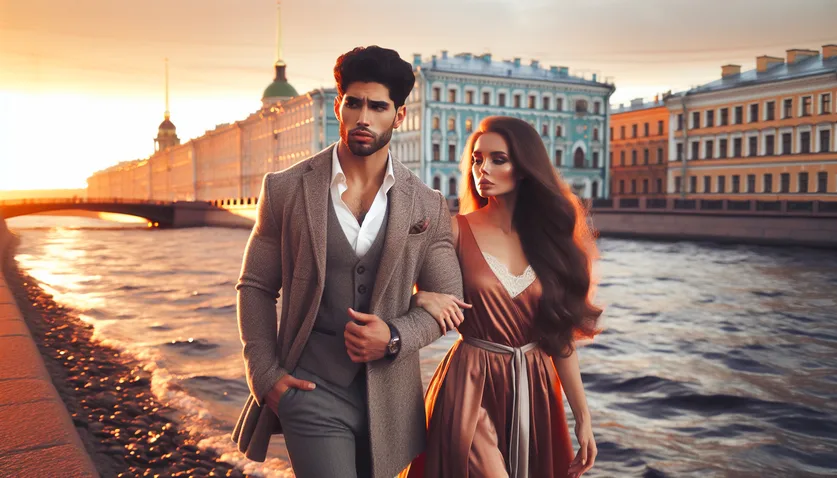 Romantic couple walking in Saint Petersburg at sunset