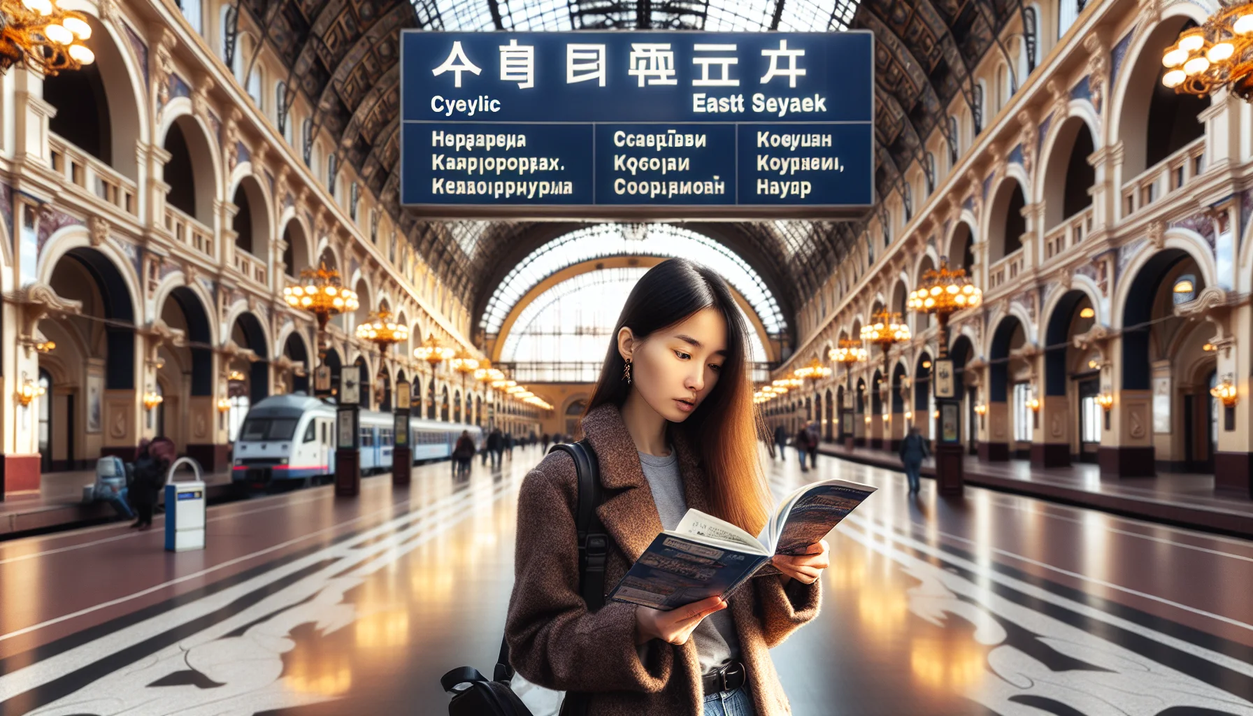 Voyageur consultant un guide de phrases russes dans une gare russe