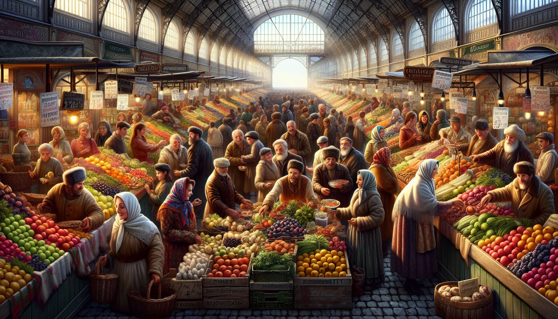 Marché couvert russe avec étals de fruits, légumes et épices colorées