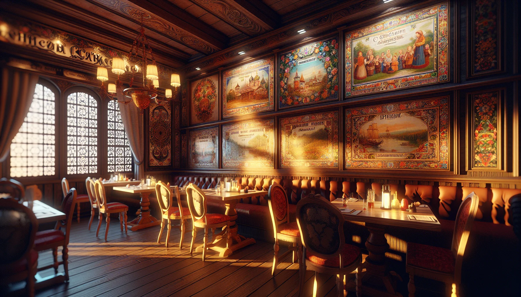 Table dressée dans un restaurant traditionnel russe avec bortsch et pirojki