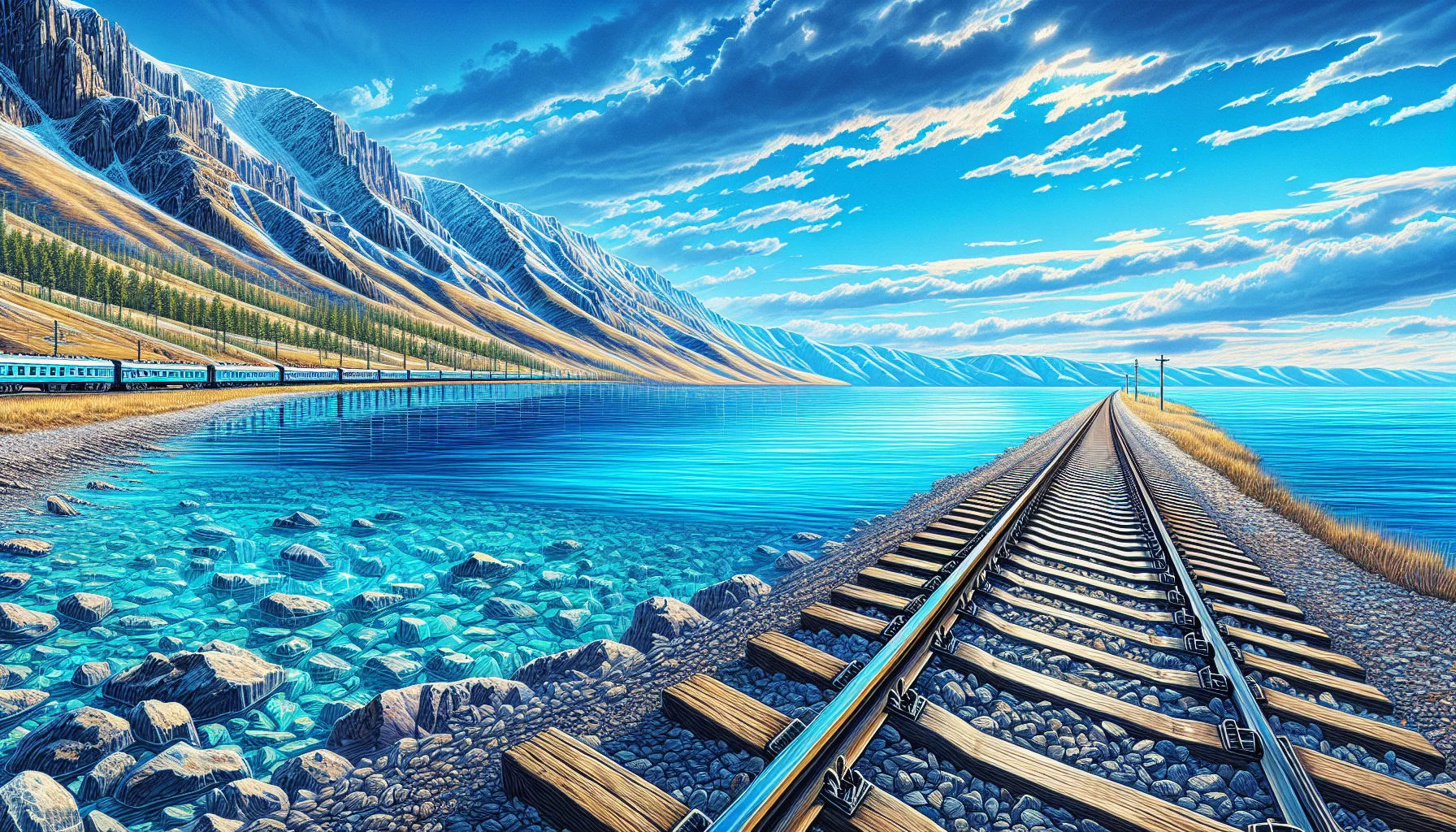 Voie ferrée du Transsibérien longeant les rives du lac Baïkal aux eaux cristallines