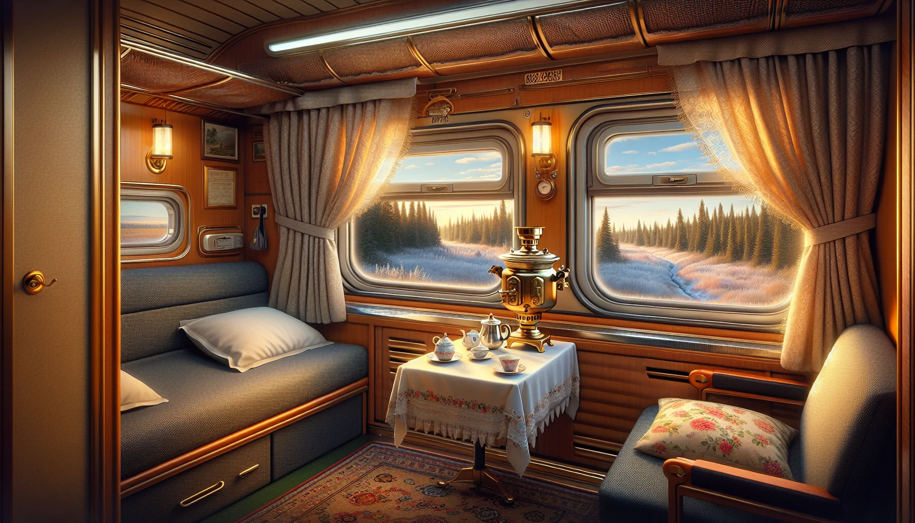 Intérieur confortable d'un compartiment du Transsibérien avec couchette et samovar