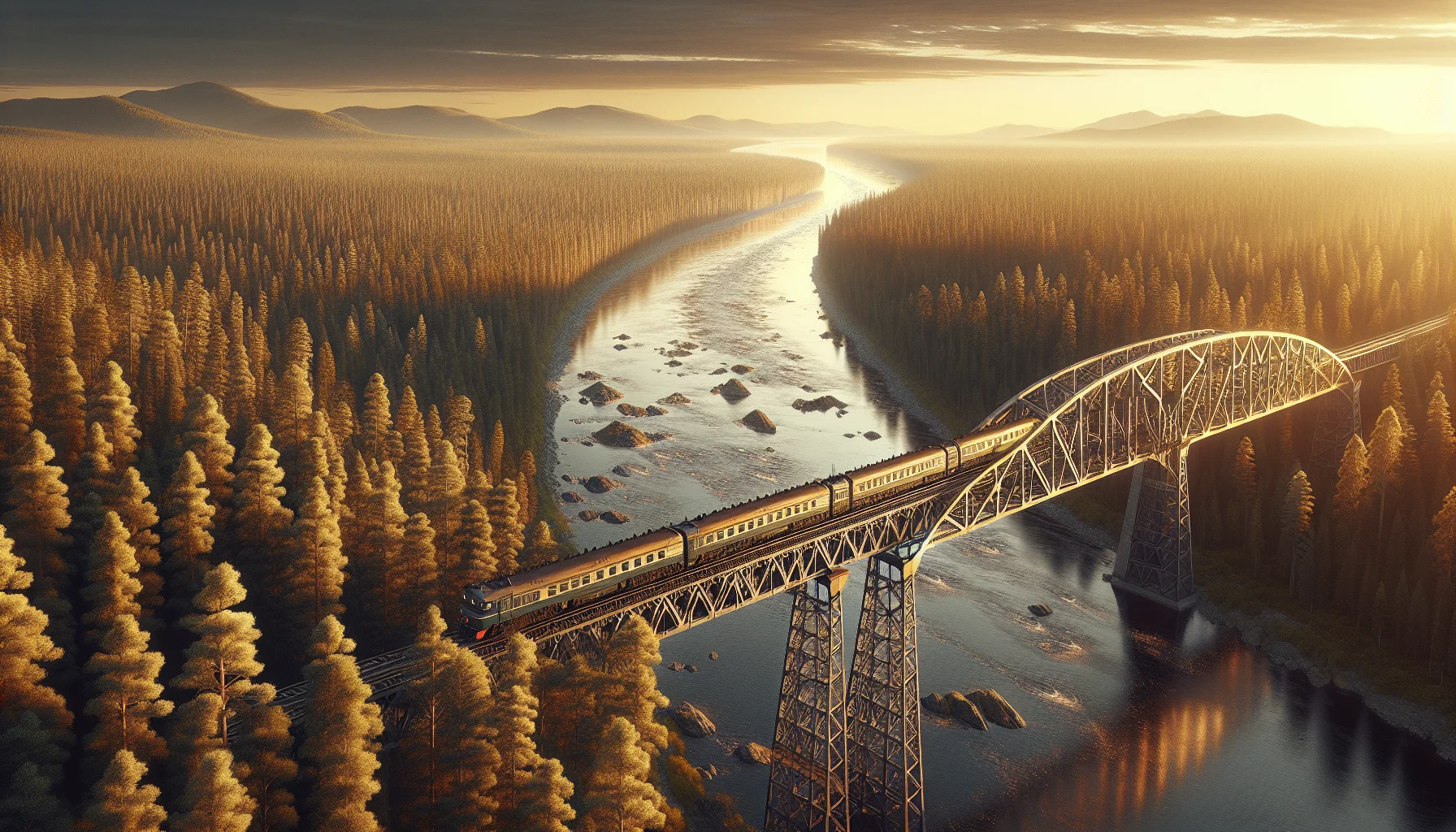 Train du Transsibérien traversant un pont au-dessus d'une rivière sibérienne au coucher du soleil