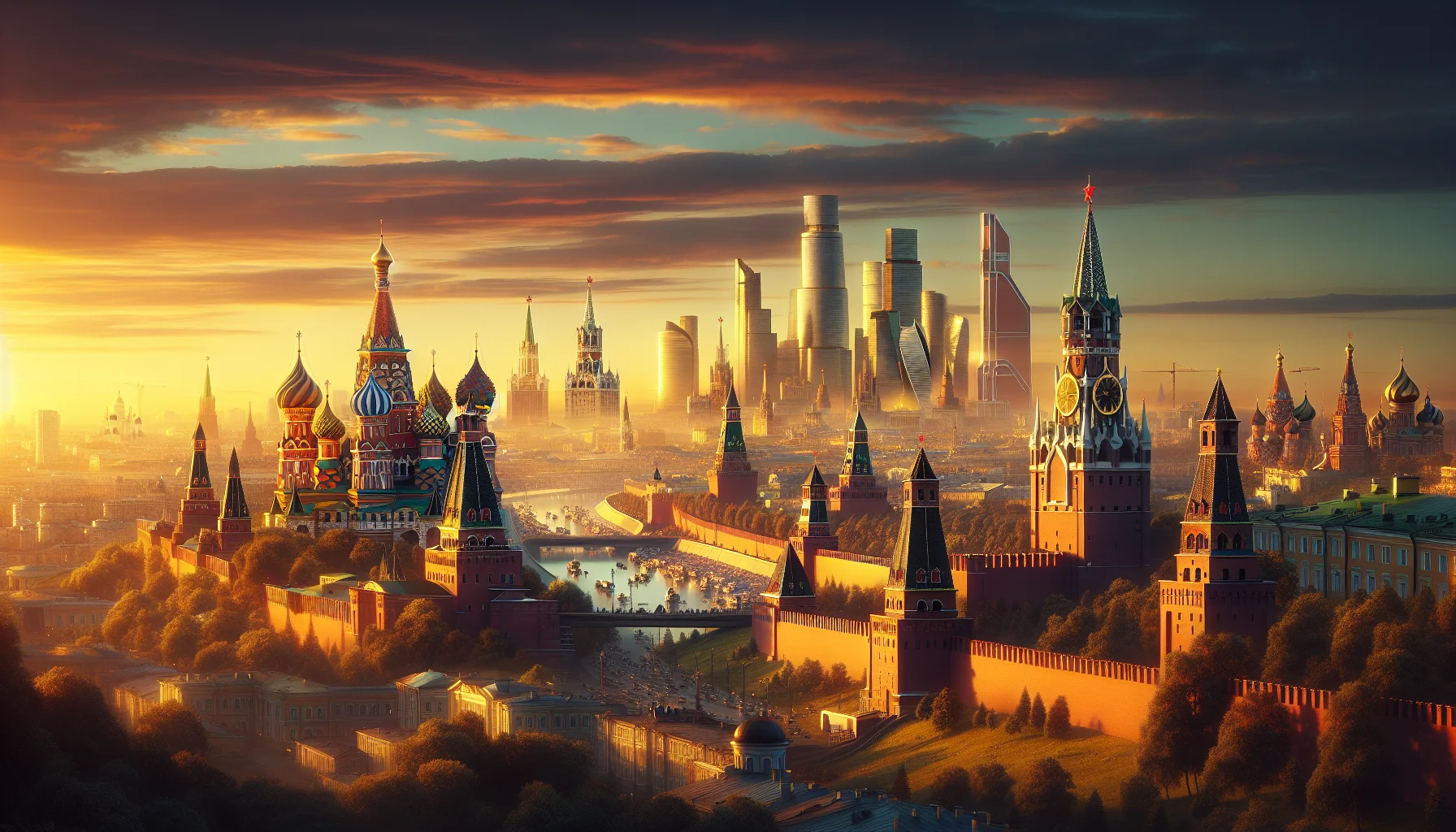 Panorama de Moscou au coucher du soleil avec le Kremlin et la cathédrale Saint-Basile